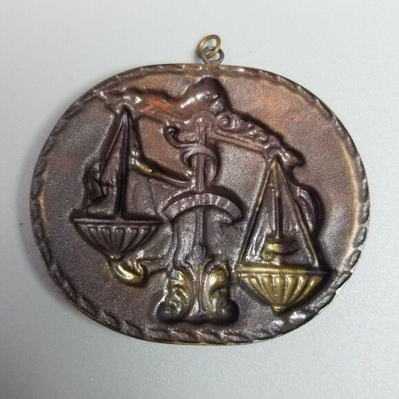 Vintage Large Libra Scales Pendant, Copper Zodiac Sign, Oval Shape, Estate - Picture 4 of 7